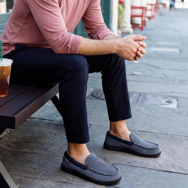 HomeTop Men's Comfort Memory Foam Moccasin Slippers, Breathable Cotton Knit Terry Cloth House Shoes for Indoor Outdoor (11 D(M) US, Demin Blue) - Image 2